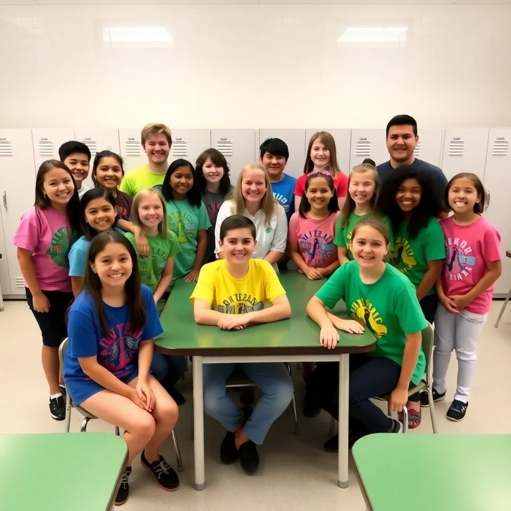 Group of diverse students and teacher smiling in classroom, wearing colorful t-shirts, sitting and standing around a green table with lockers and windows in background