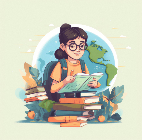 Group of diverse students and teacher smiling in classroom, wearing colorful t-shirts, sitting and standing around a green table with lockers and windows in background